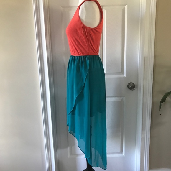 As U Wish Hi-Lo dress Medium.  Orange and Teal - Picture 4 of 7